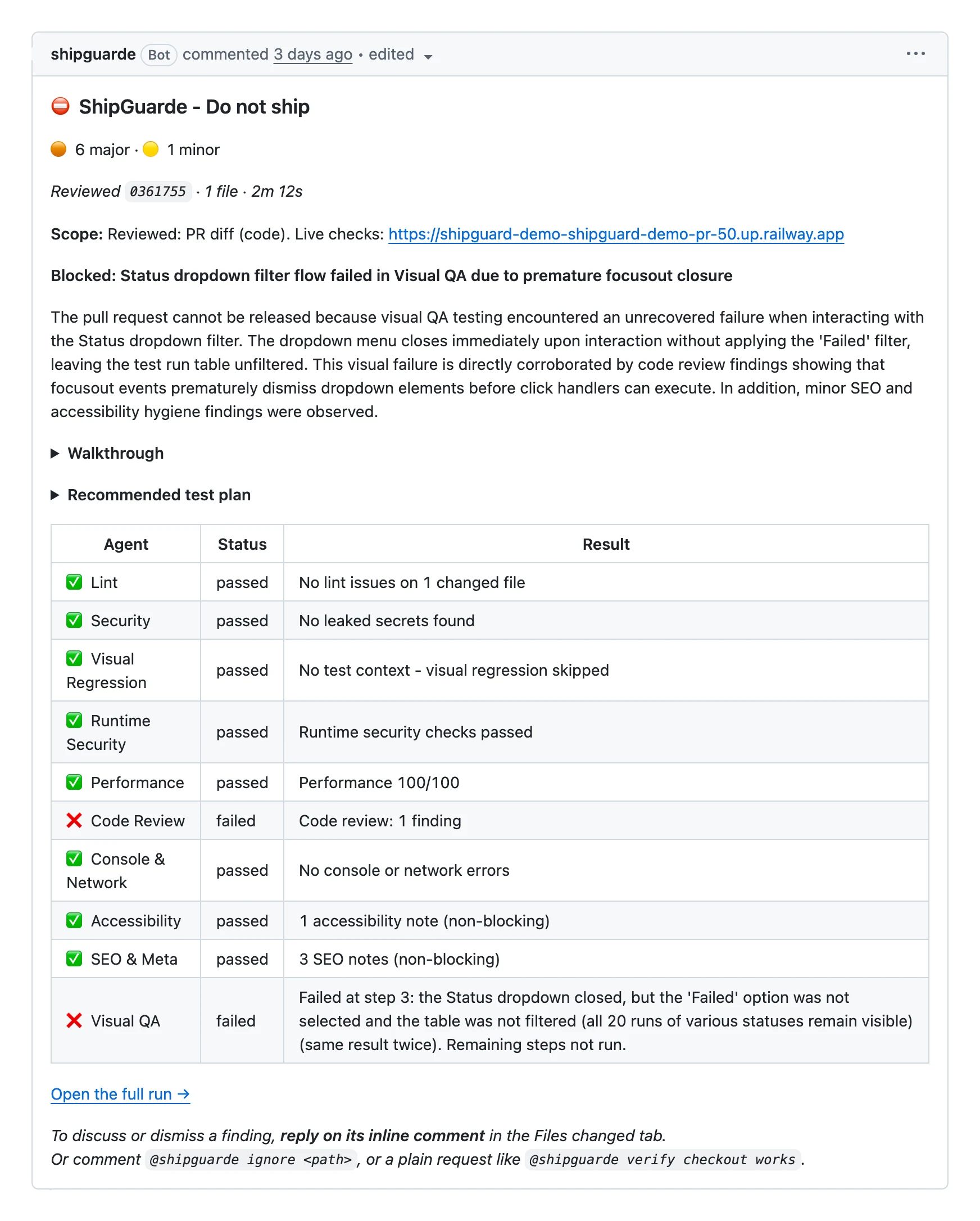 ShipGuarde's Do not ship comment on GitHub pull request 50, with Visual QA failed at step 3 in the agent table